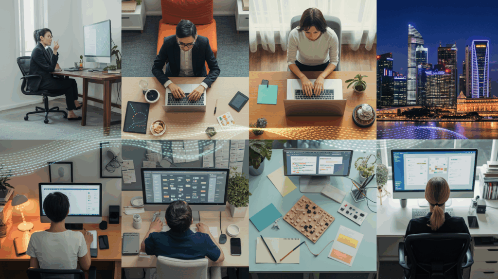 Global workspace view with diverse professionals collaborating across time zones.