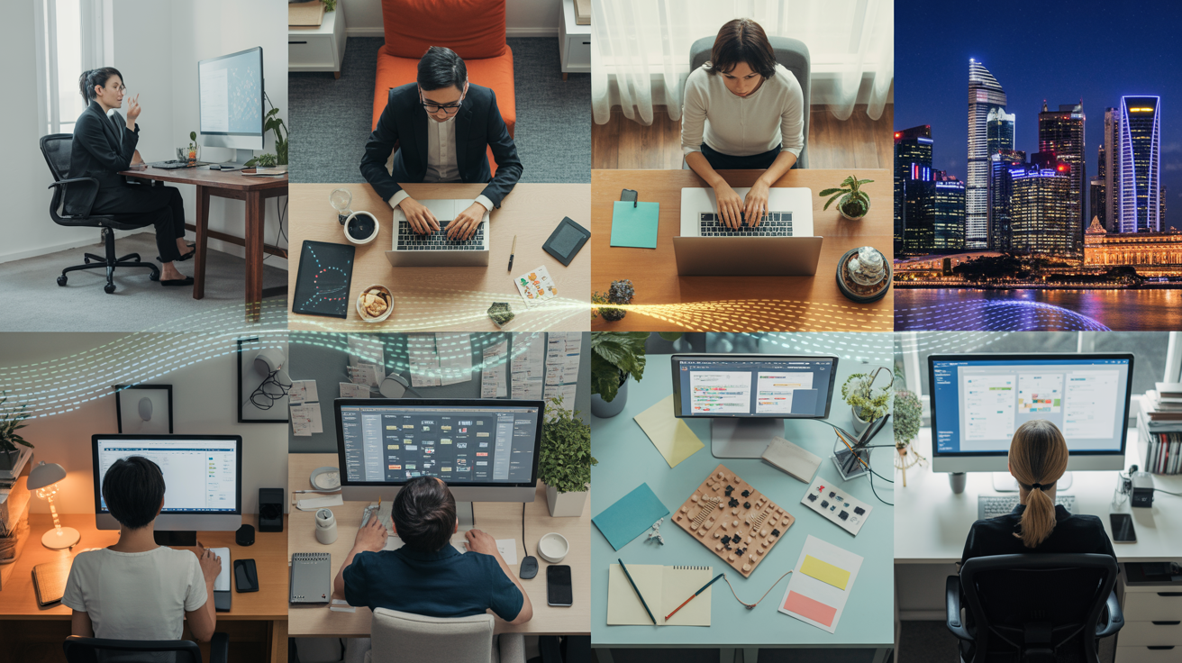 Global workspace view with diverse professionals collaborating across time zones.