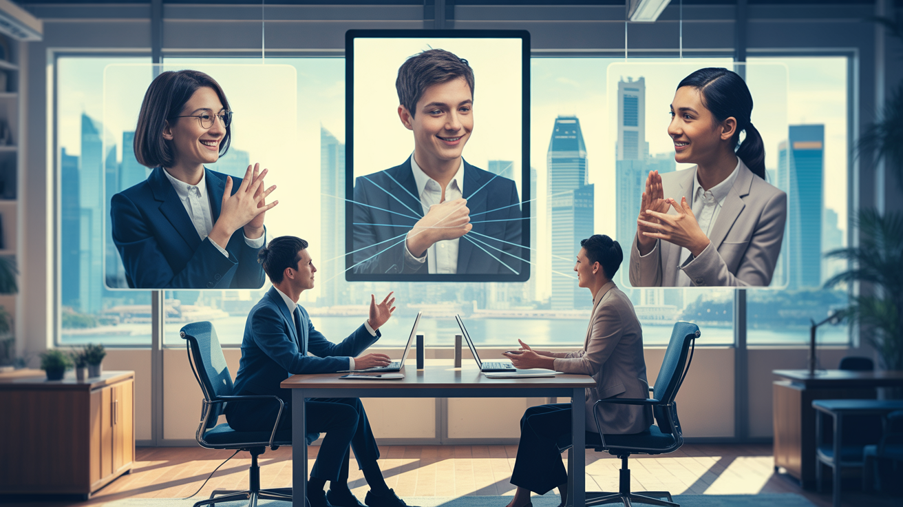 Hybrid meeting in a sleek Singapore office, blending digital and physical interaction.