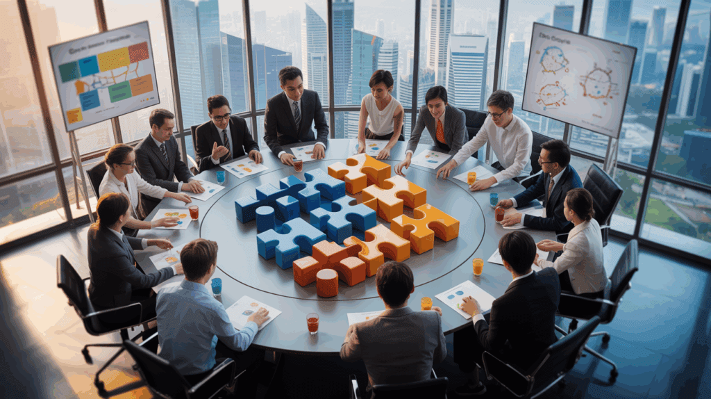 Modern conference room with diverse professionals collaborating on puzzle model, city skyline view.