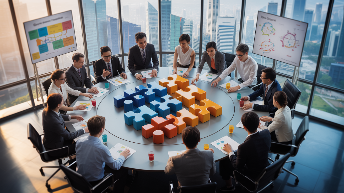 Modern conference room with diverse professionals collaborating on puzzle model, city skyline view.