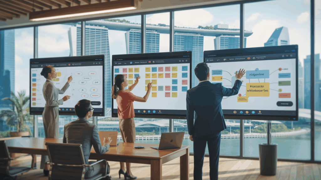 Modern office with digital whiteboards and diverse team collaborating, Marina Bay Sands view.