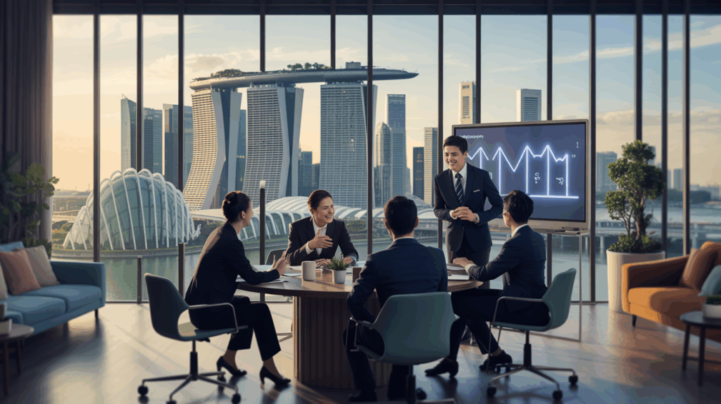 Singapore skyline at golden hour seen from a modern conference room with Asian executives in a workshop.