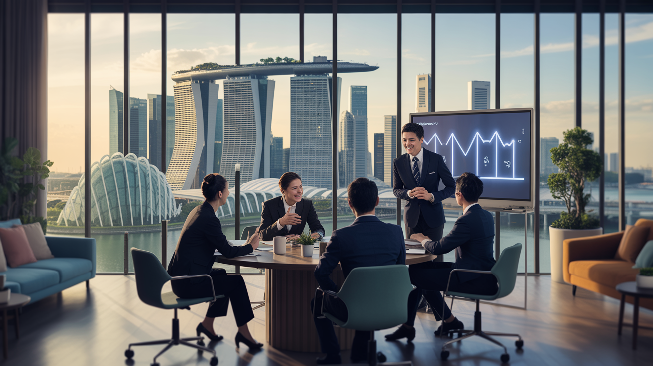 Singapore skyline at golden hour seen from a modern conference room with Asian executives in a workshop.