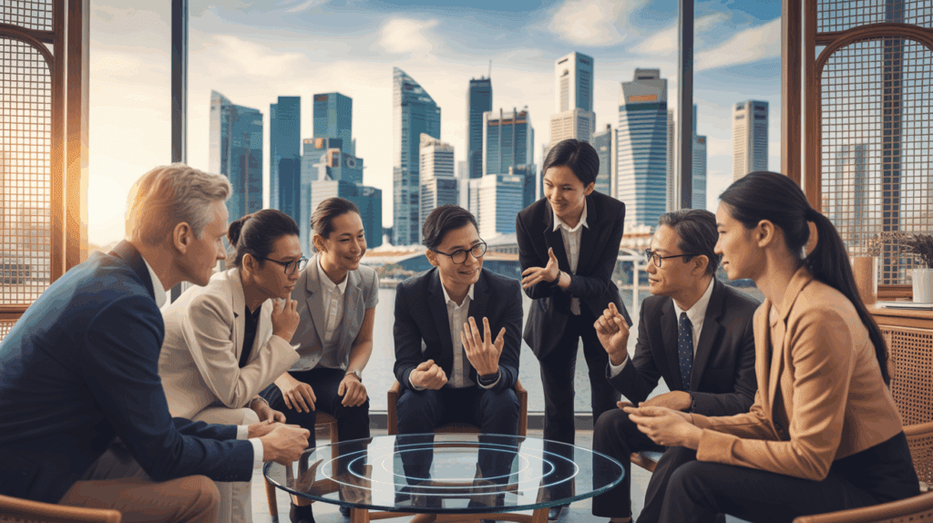 Singapore skyline with diverse business leaders in a mentoring session, warm lighting.