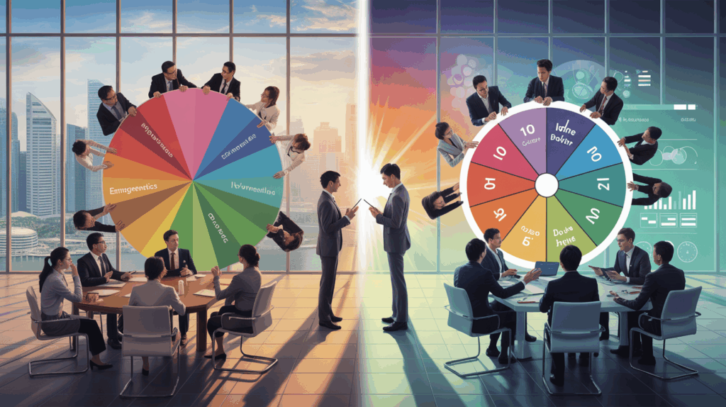 Split boardroom with Emergenetics and Insights Discovery wheels, facilitators, and Singapore skyline.