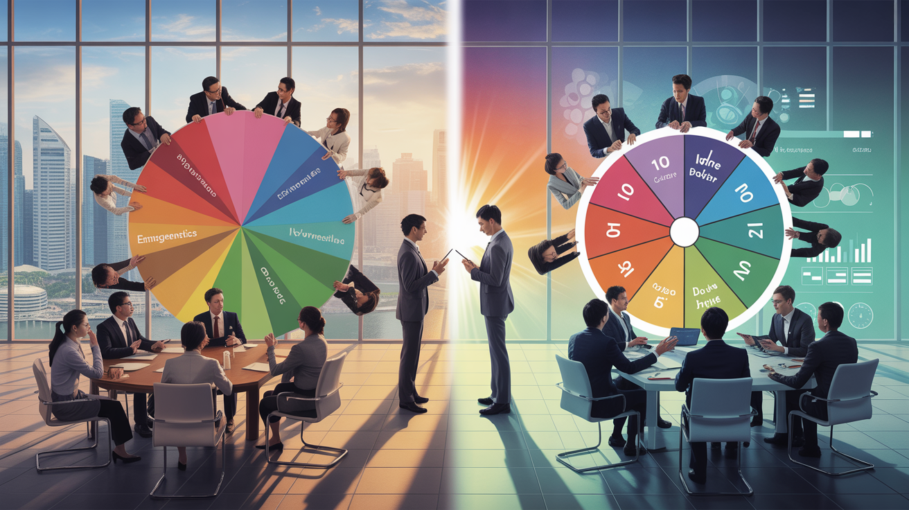 Split boardroom with Emergenetics and Insights Discovery wheels, facilitators, and Singapore skyline.