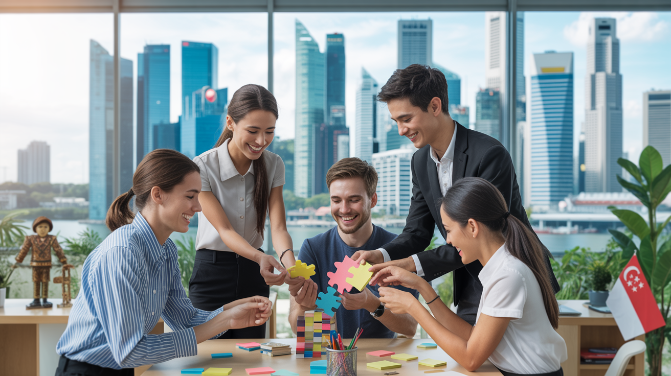 Young professionals in a modern Singapore office collaborate with creative materials, city skyline visible.
