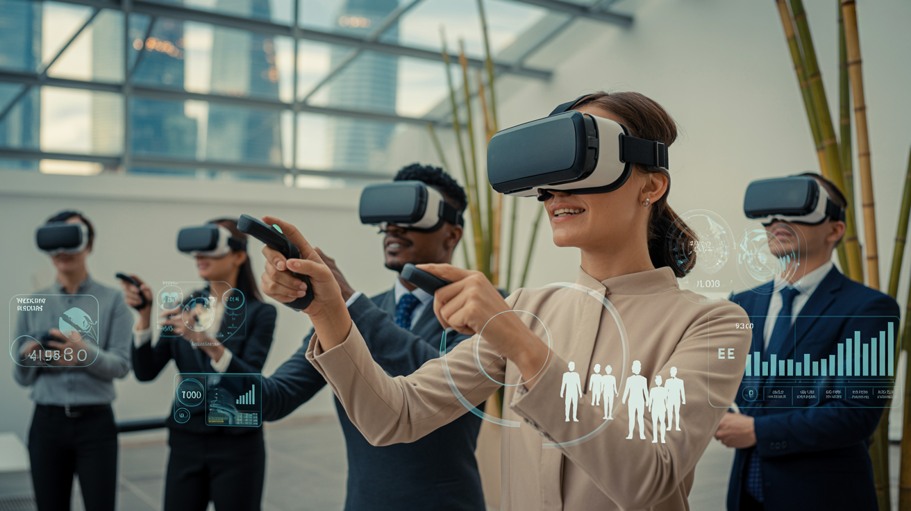 Business leaders in VR training with holographic data in modern Singapore setting.