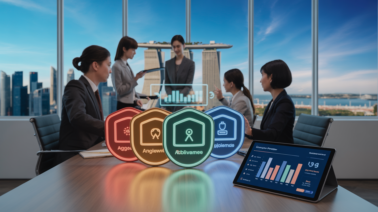Digital badges glowing over a modern office with Singapore skyline.