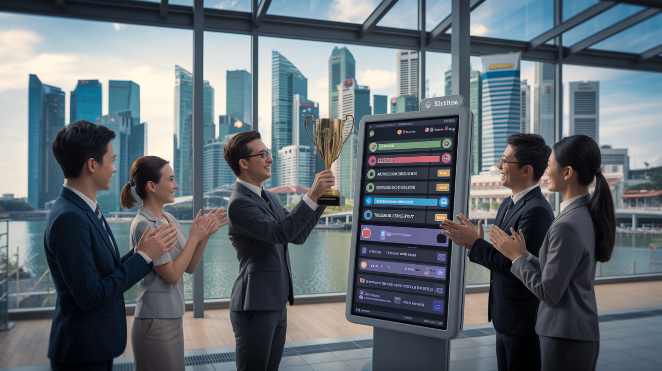 Diverse professionals in a Singapore bank using a gamified learning display with skyline view.