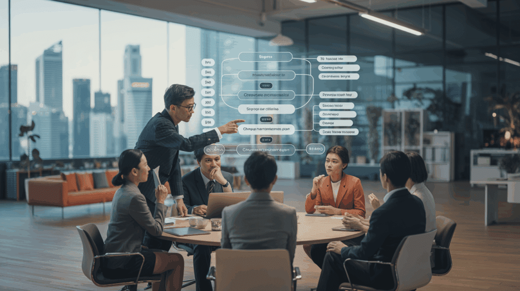 Diverse team at curved table with holographic change plan, Singapore skyline in background.