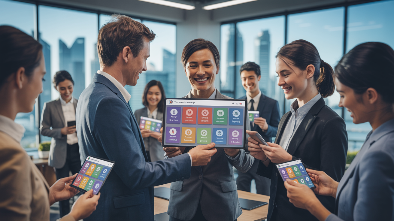 Diverse team in a modern Singapore office celebrates digital badge achievement.