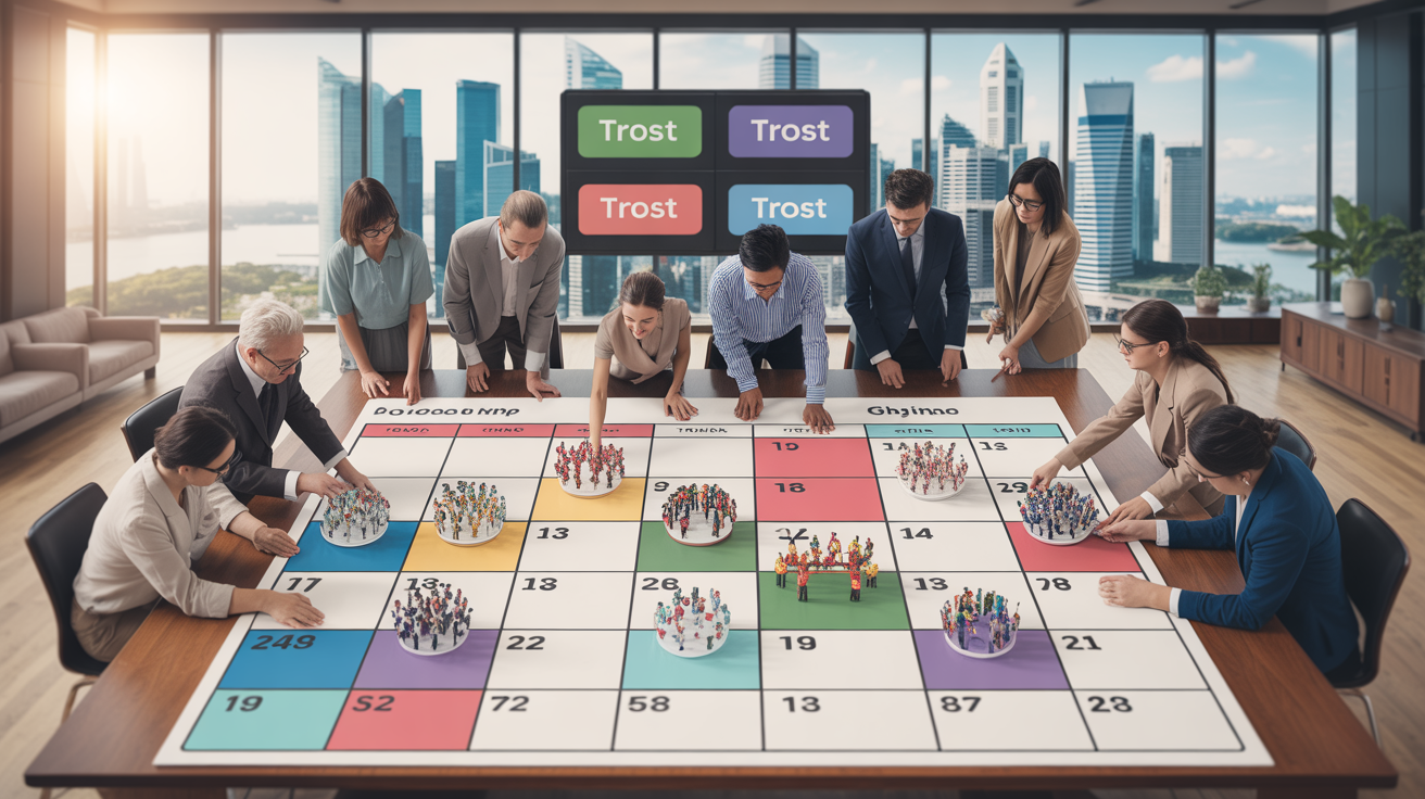 Diverse team plans on a colorful calendar in a modern Singapore office with Marina Bay view.