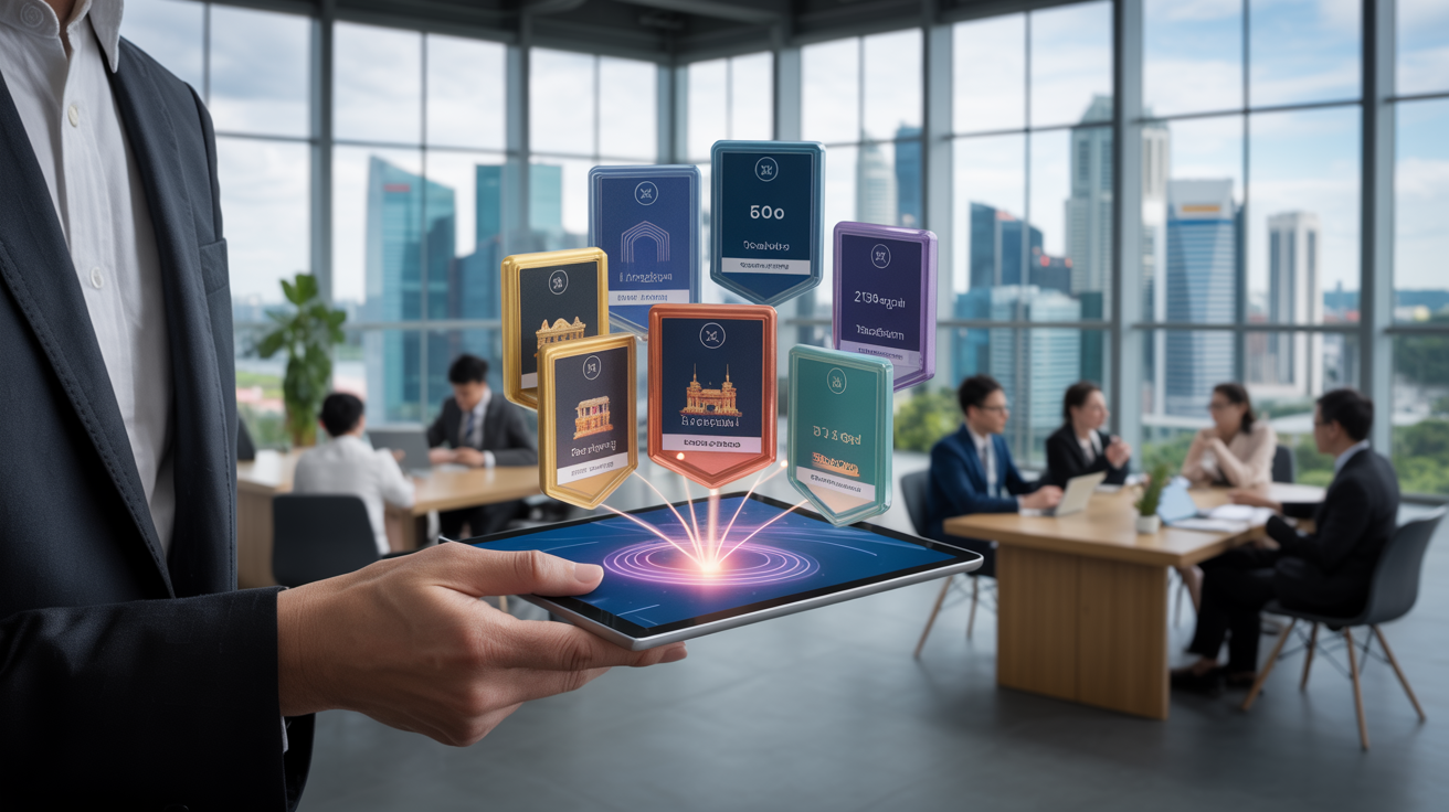 Hand holds tablet with 3D digital badges, Singapore skyline, diverse professionals collaborate.