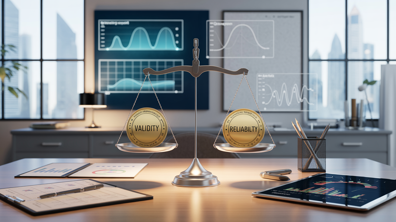 Modern desk with balance scale, holographic data displays, and Singapore skyline.