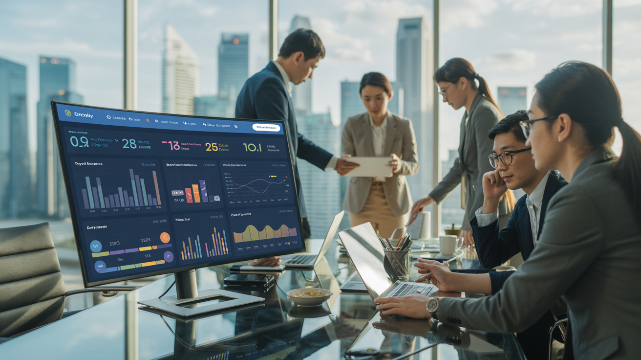 Modern Singapore office with a data dashboard on skill metrics and diverse team collaboration.
