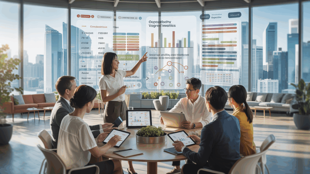 Modern Singapore office with diverse professionals in a workshop, city skyline view.
