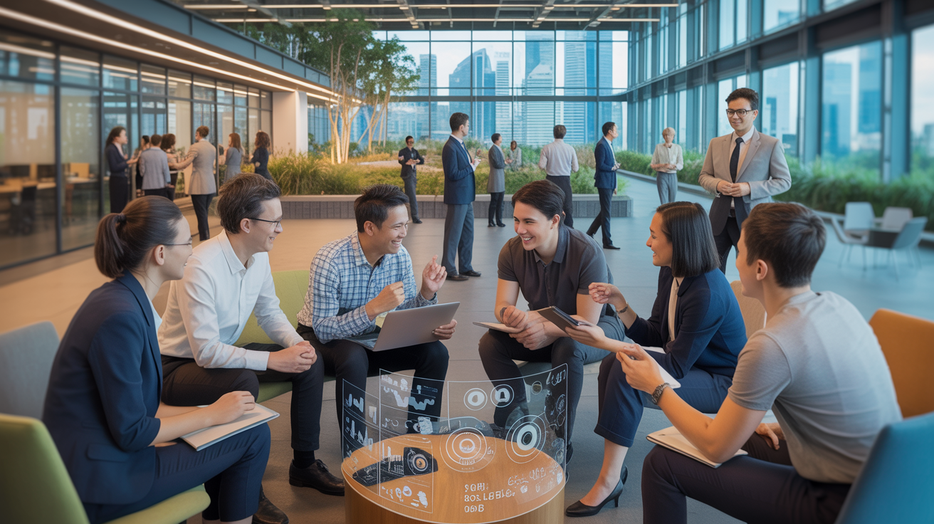 Modern Singapore office with diverse team collaborating in digital hub, skyline view.