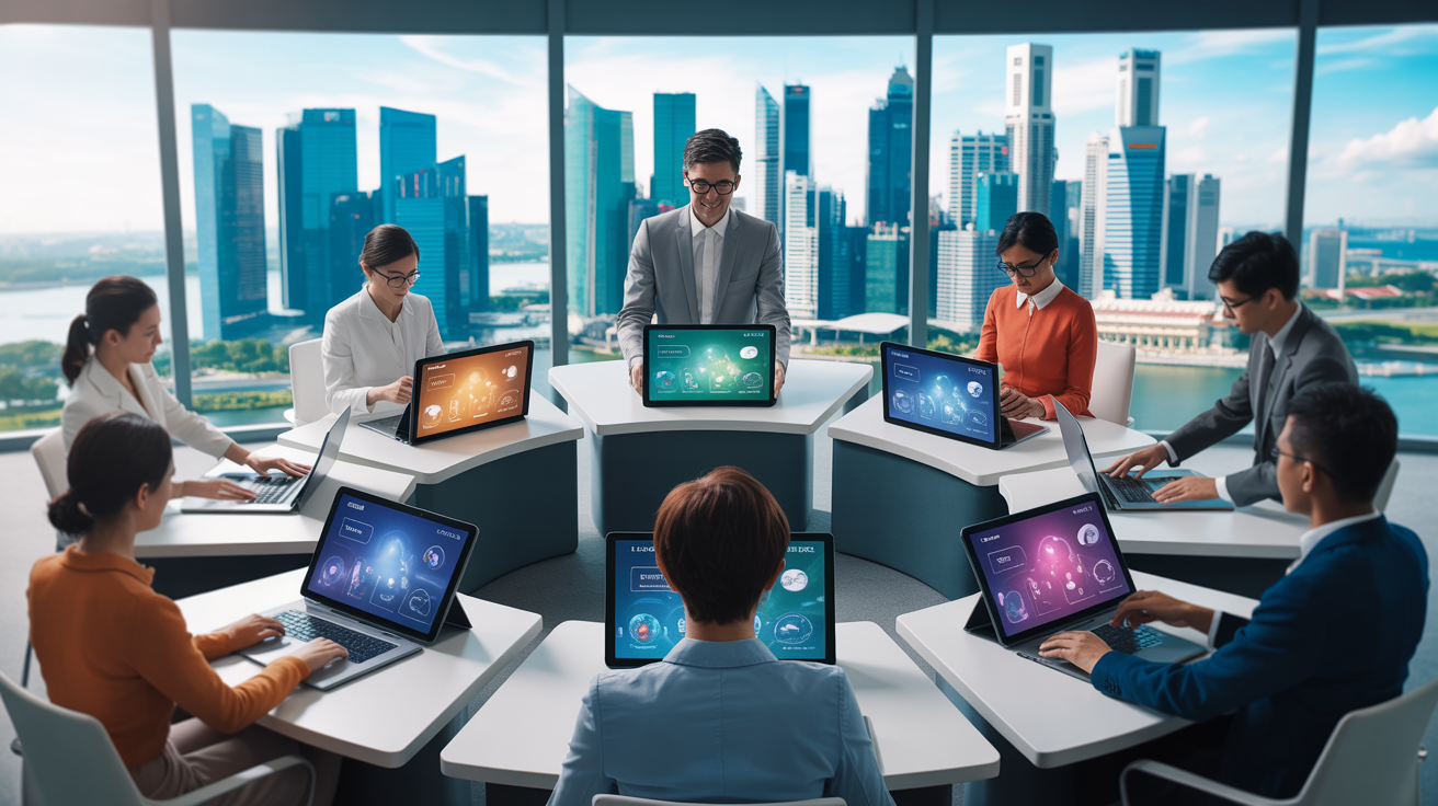 Modern Singapore training room with Marina Bay Sands view, featuring digital learning stations and diverse professionals.