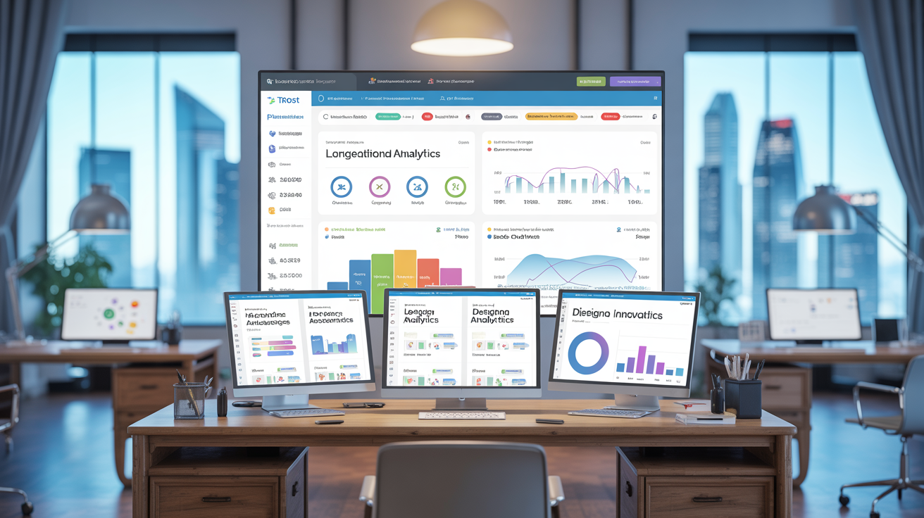 Modern workspace with high-def screens showing Tableau and Power BI dashboards, Singapore skyline view.