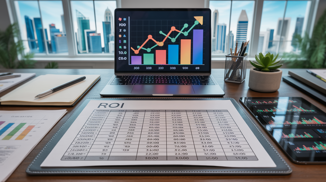 Modern workspace with ROI charts on laptop, spreadsheet, Asian design, and Singapore skyline.