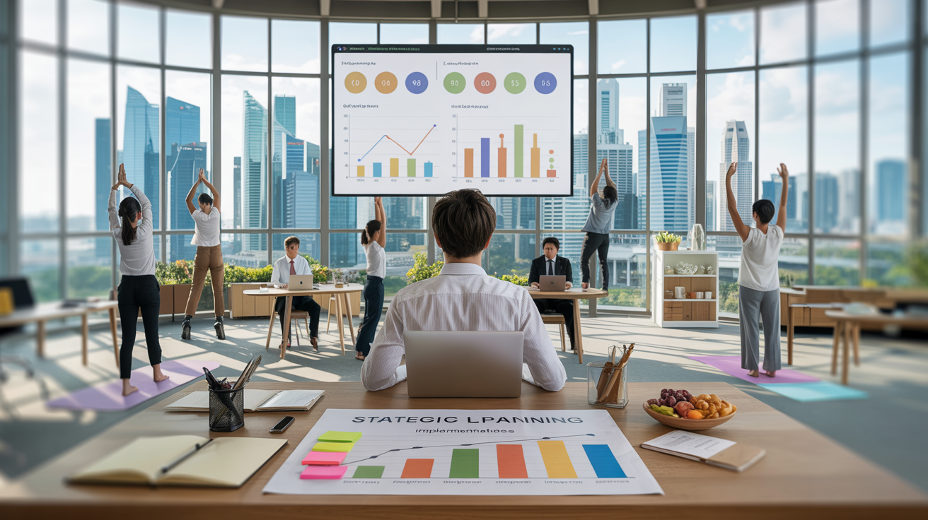 Professionals in a Singapore office engage in desk yoga, standing desks, with city views.