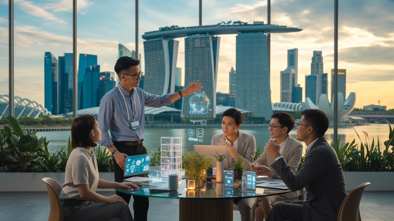 Singapore skyline at dusk, diverse leaders collaborate with holographic models on glass table.