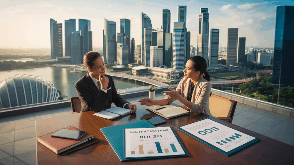 Singapore skyline at golden hour, two professionals in rooftop coaching session, Marina Bay Sands visible.