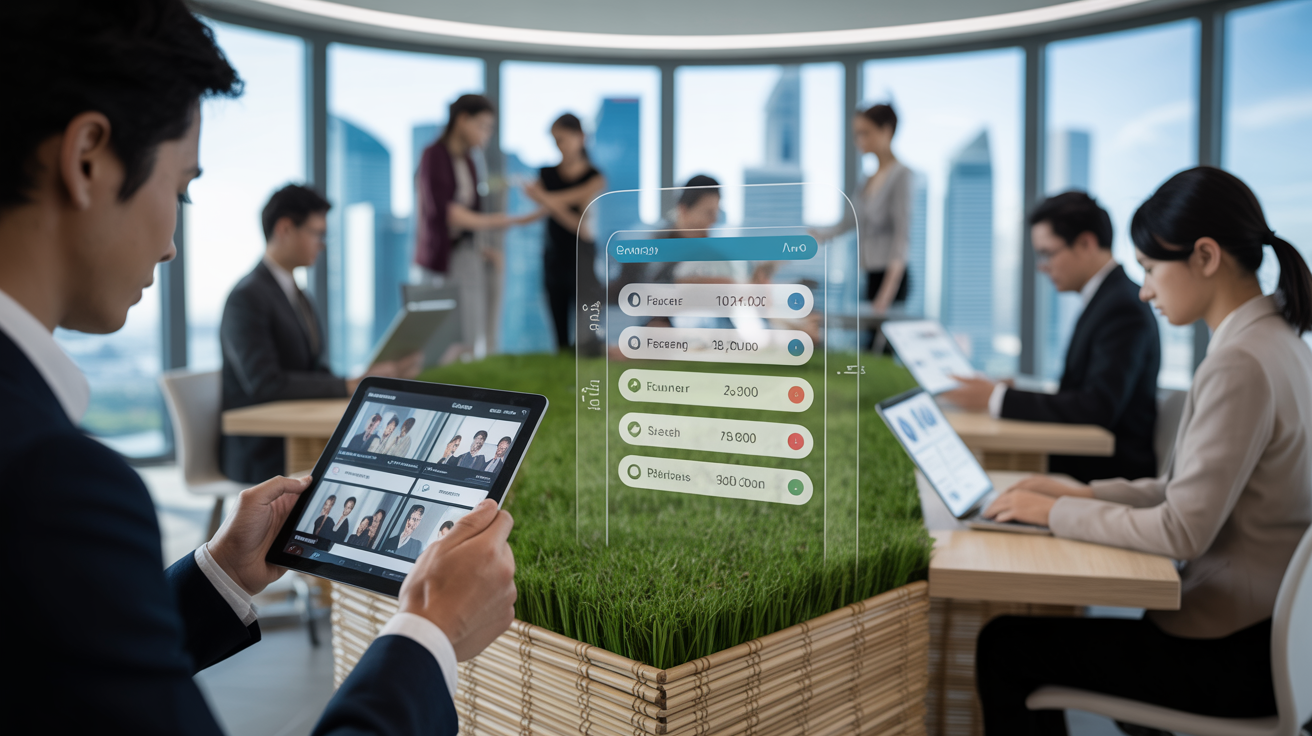 Sleek Singapore office with professionals using tablets and 3D holographic learning comparison.