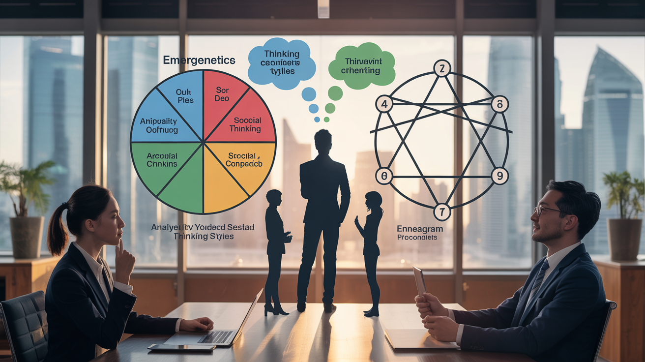 Sophisticated Singapore office with personality mapping systems, Asian decor, and business silhouettes.