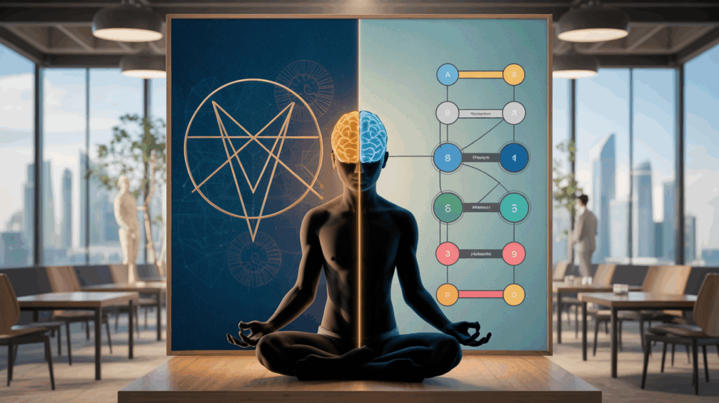 Split-frame of Enneagram in gold on blue and MBTI nodes on teal, meditation silhouette in modern Asian setting.