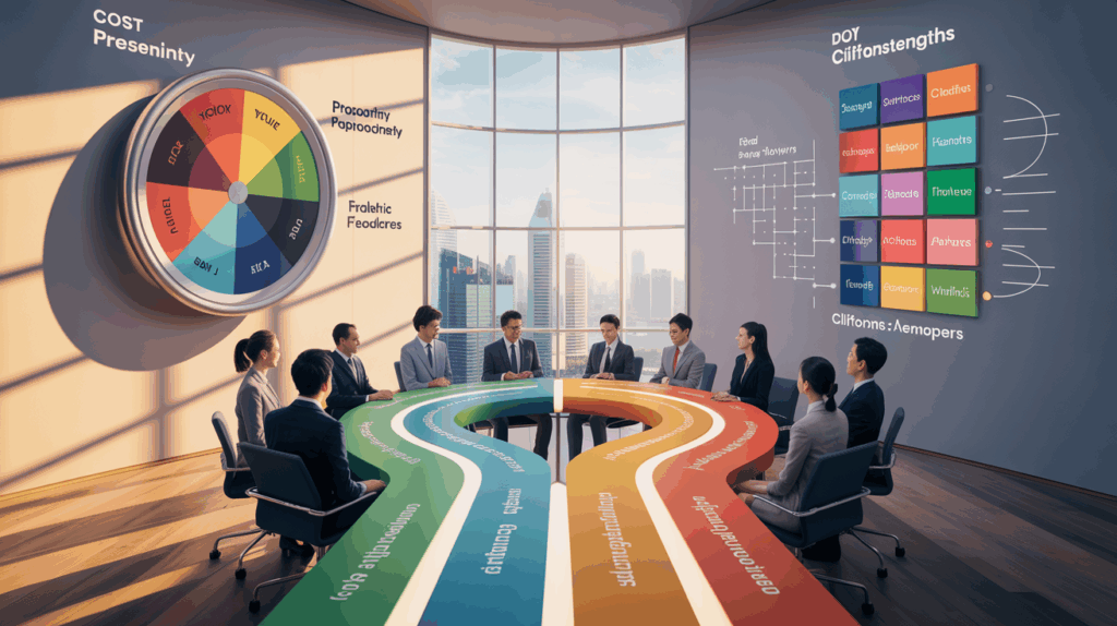 Split-screen: DISC wheel and CliftonStrengths themes; diverse team in Singapore office.