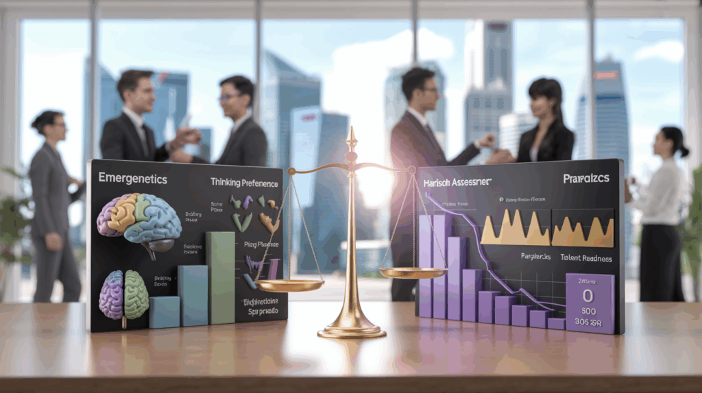 Split-screen of Emergenetics and Harrison assessments in a bright Singapore office.