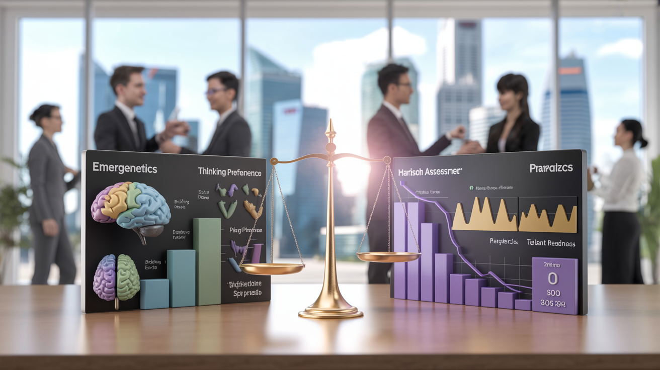 Split-screen of Emergenetics and Harrison assessments in a bright Singapore office.