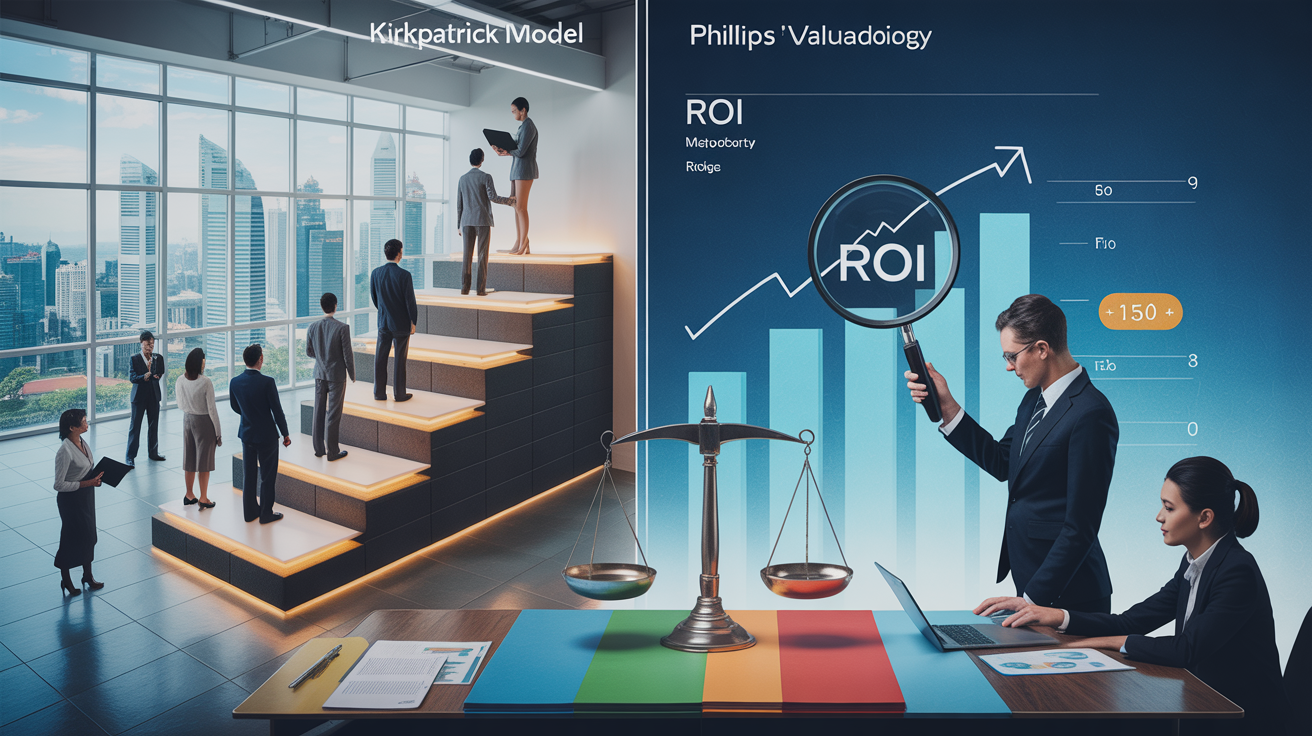 Split-screen of Kirkpatrick model in a training room and Phillips ROI analysis in a Singapore office.
