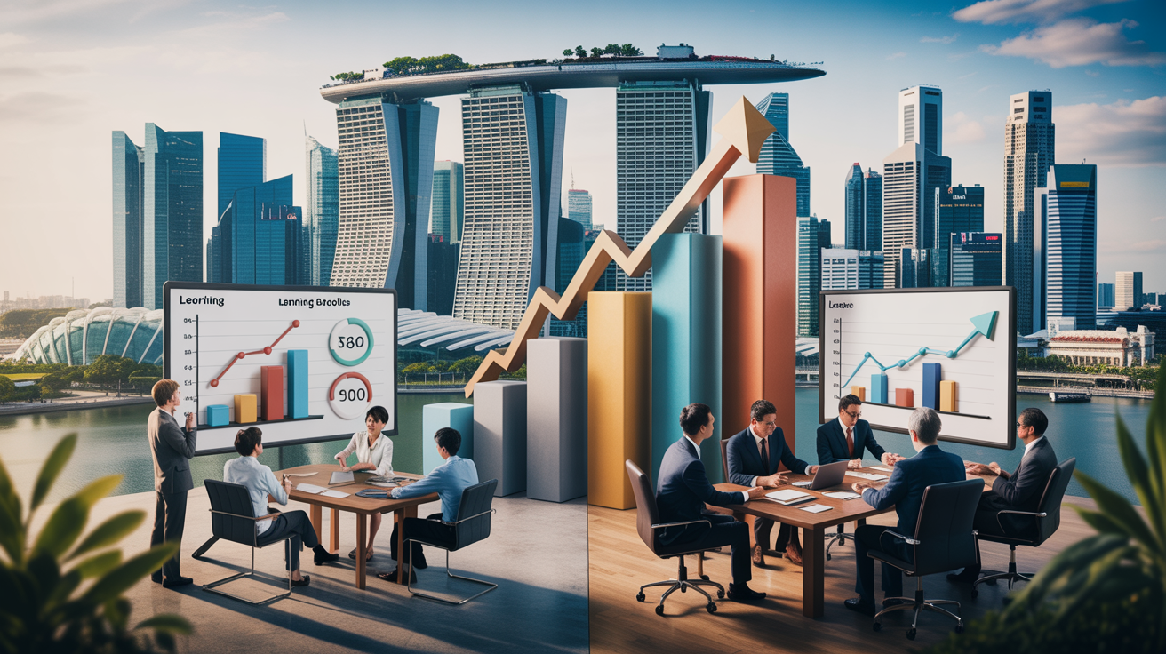 Split-screen of Singapore's skyline; SME team with chart, MNC execs with L&D materials.