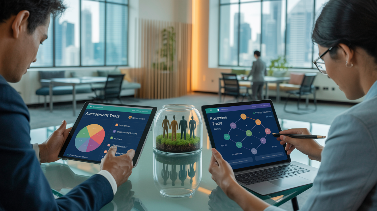 Two professionals analyze digital assessment tools in a modern Singapore office.