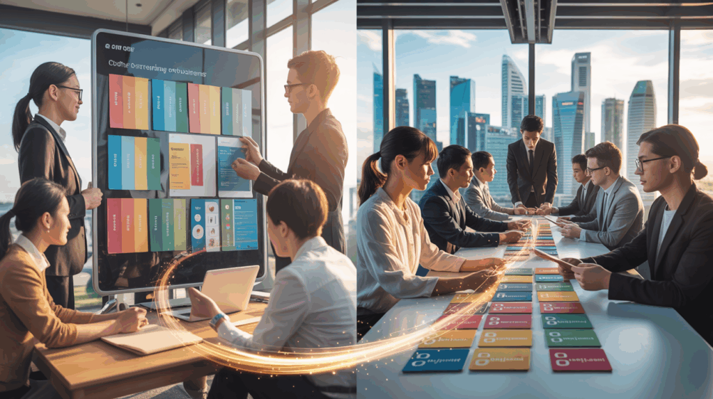 Two team assessments in modern Singapore office, DISC and CliftonStrengths tools, skyline view.