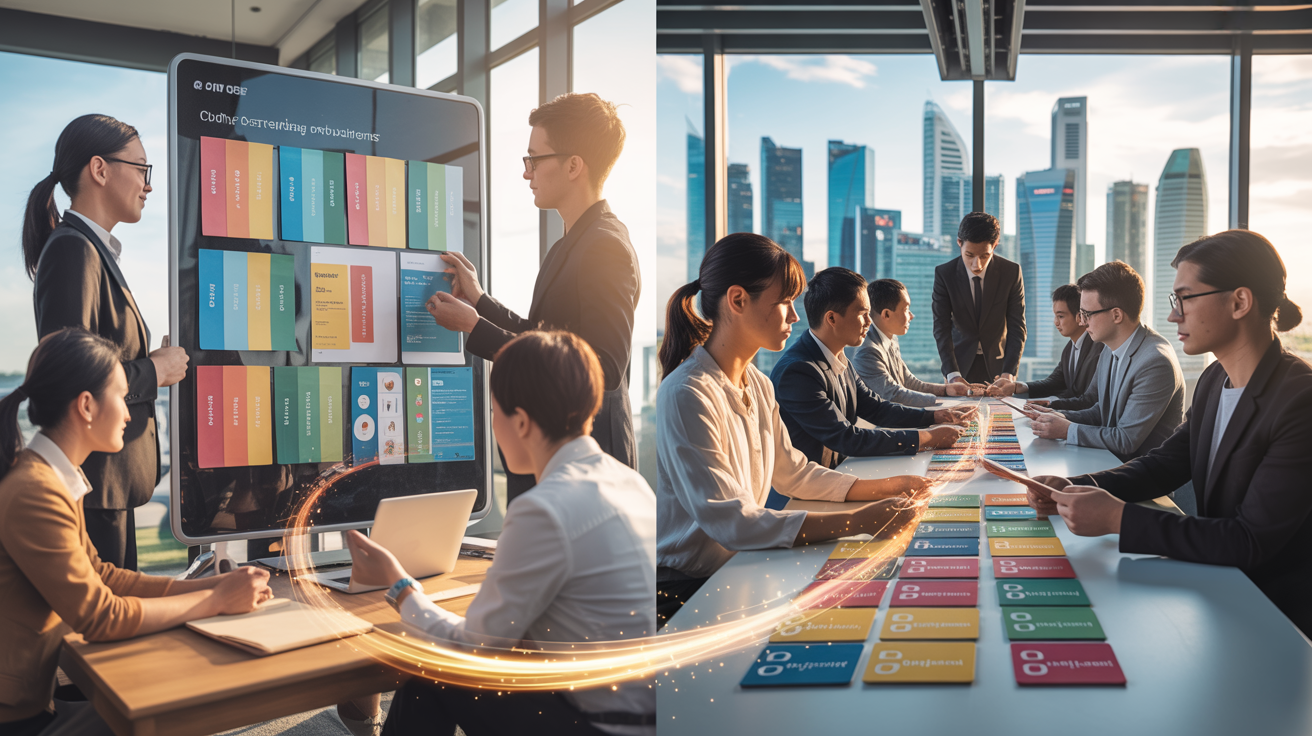 Two team assessments in modern Singapore office, DISC and CliftonStrengths tools, skyline view.