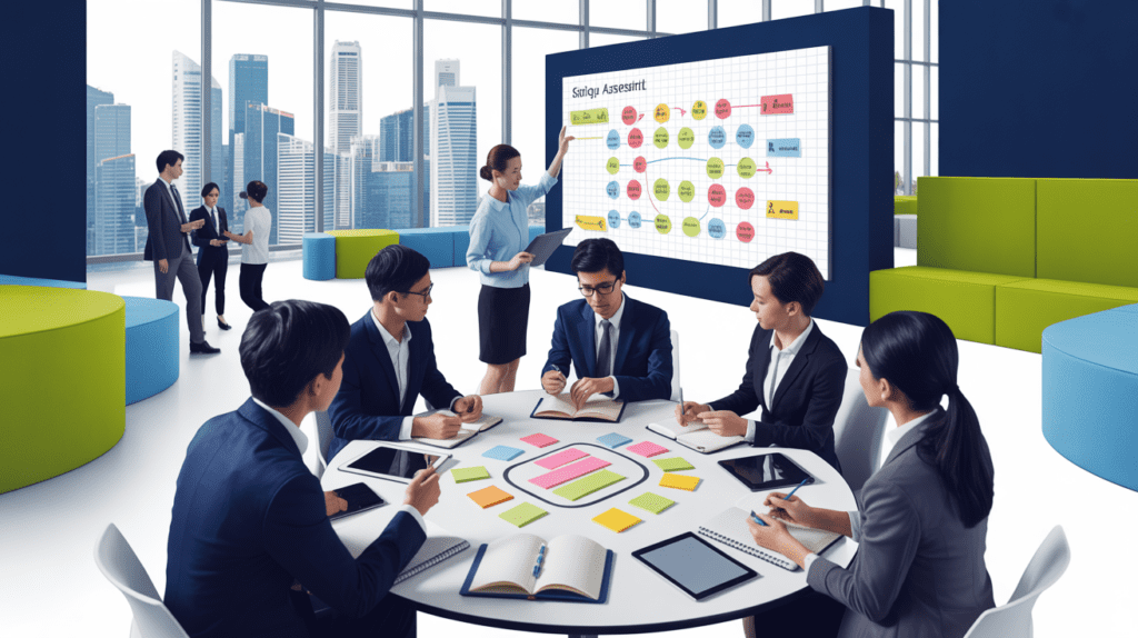 Asian professionals collaborate in a modern Singapore office with skyline view.