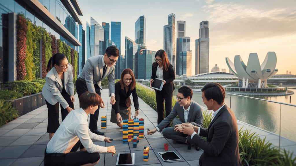 Asian professionals engage in teamwork on a rooftop garden with Singapore skyline at sunset.