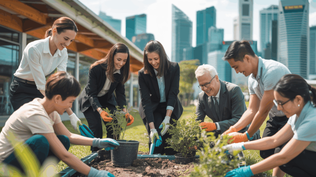 Corporate professionals and locals plant a garden in Singapore, skyline visible.