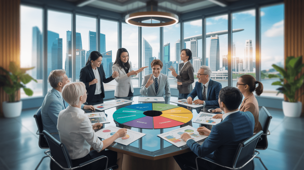 Diverse leaders collaborate around a hexagonal table with colorful charts, Singapore skyline visible.