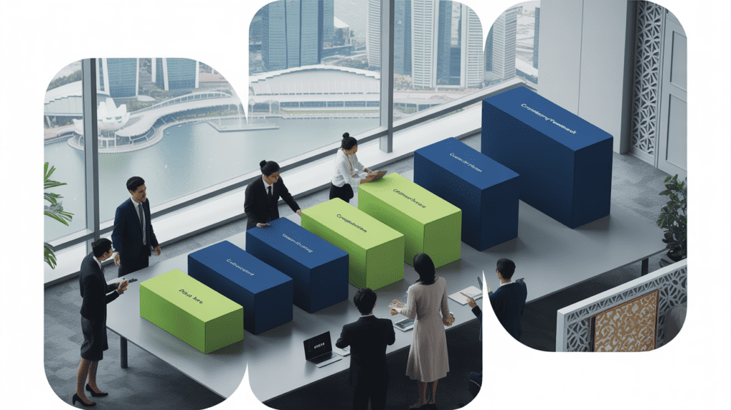 Modern office in Singapore with Marina Bay Sands view, diverse team, competency framework.