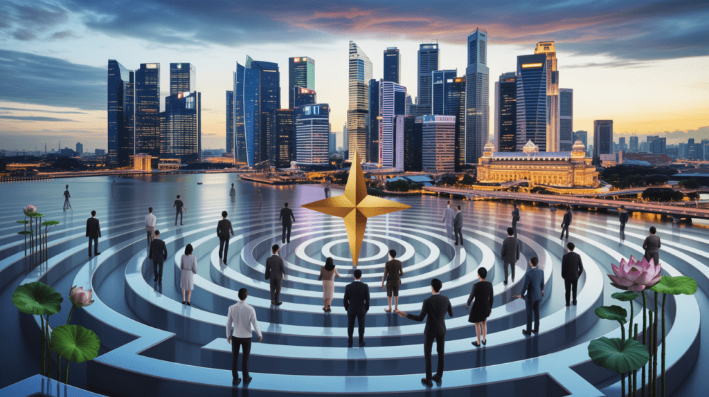 Singapore skyline at dusk, business professionals in a translucent maze, dynamic compass spiral.